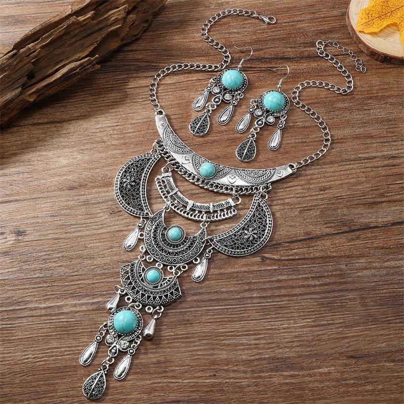 Vintage Geometric Water Drop Pendant Necklace For Women With Multilayer Cross Chain Design синий