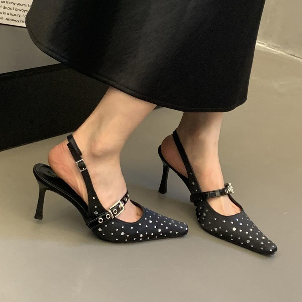 French temperament pointed satin belt buckle Mary Jane sandals women's spring 2025 baotou rhinestone high-heeled shoes
