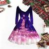 Damen Weihnachtsdruck Midi-Kleid, Langarm V‑Ausschnitt Pelzbesatz A‑Linie Partykleid, Weihnachtliche limitierte Auflage