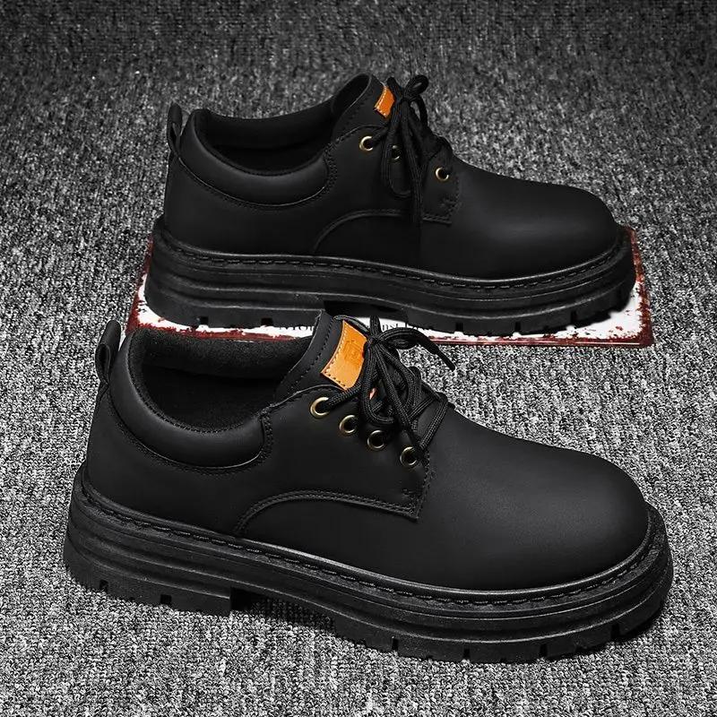 Leather Shoes for Men Round Toe Platform Thick Sole Man Casual Shoe Solid Color 2025 Trend In Promotion Cowhide Elegant Retro Pu