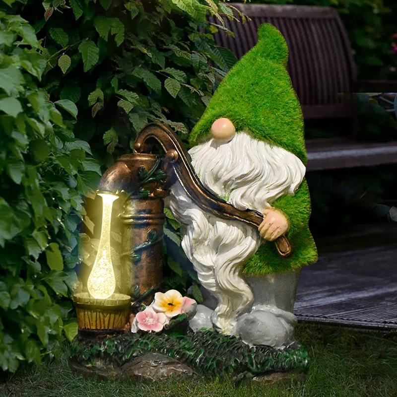 JYL TS/069,Creative Flocked Well Pump Gnome Solar Outdoor Light for Garden Path Statue Decor
