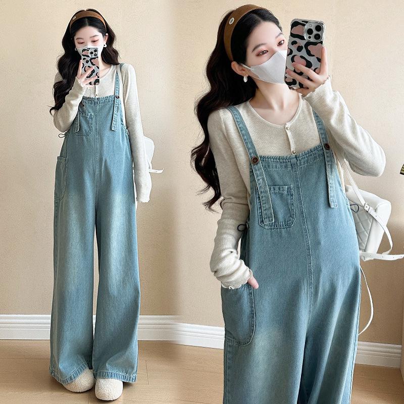 Spring 2026 Knit Maternity Top & Korean-Style Denim Overalls Set M
