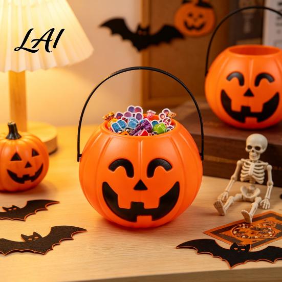 Plastic Candy Holders Halloween Pumpkin Bucket Treat Holder with Handle Trick or Containers Party Favor Storage Container Trick-or-Treat Gift Bag,