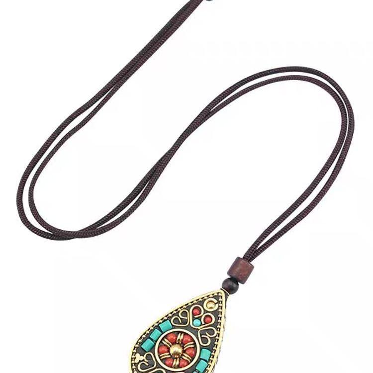 Elegant Ethnic Tibetan Water Drop Pendant Necklace for Women - Versatile, High-End, Long Sweater Chain