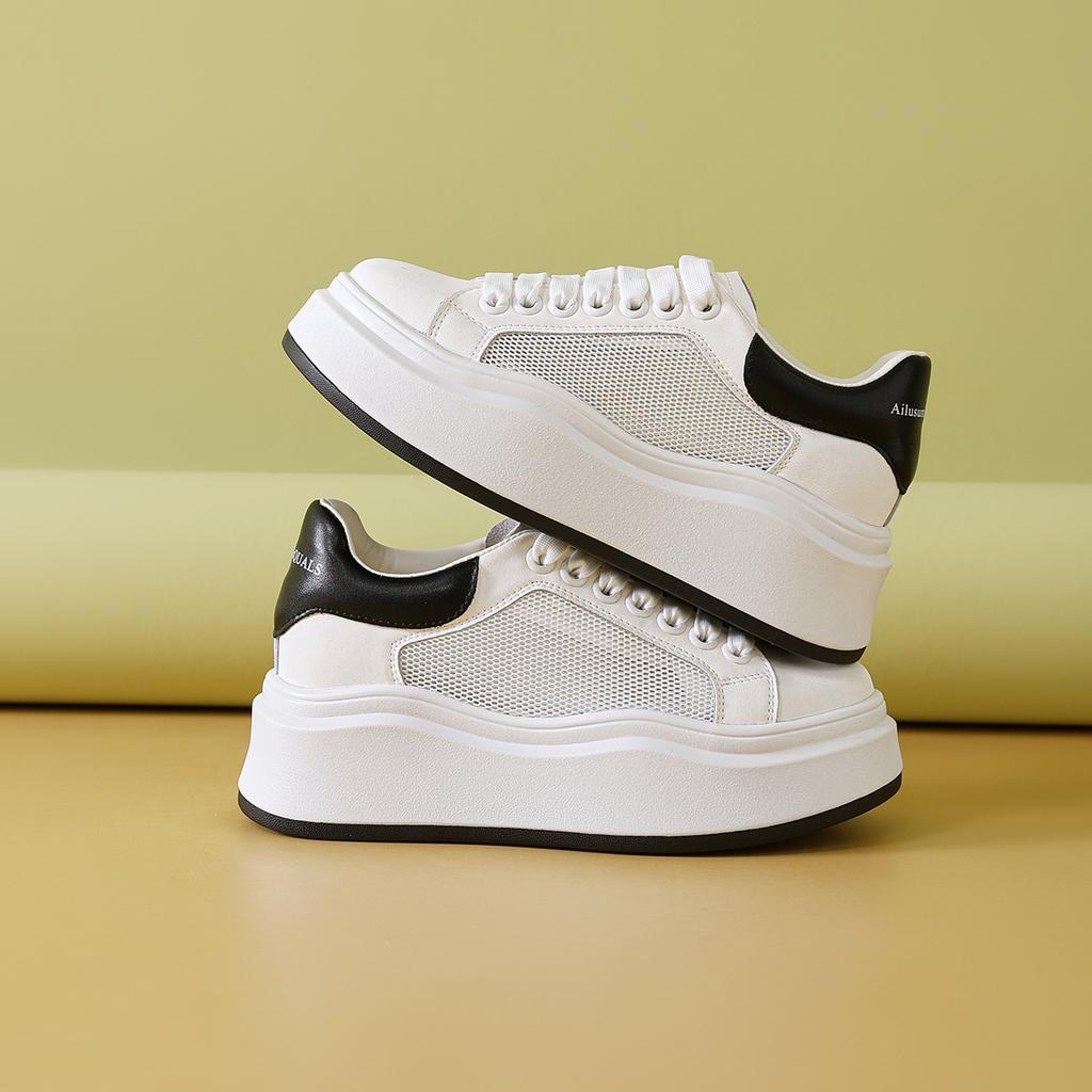Thick-soled Inner Height-increasing Board Shoes Women's Spring New Leather Wavy-soled White Shoes Muffin Sports and Leisure Shoes