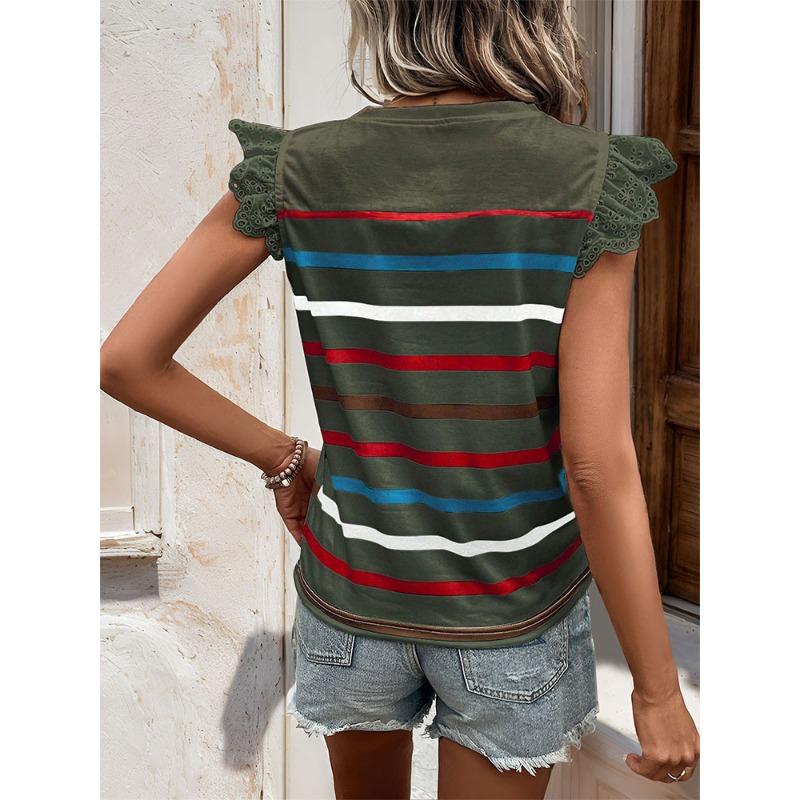 JKASHDK Women's Fashion Casual Summer Spring Stripe Print Short Sleeve O-Neck Blouses & Shirts