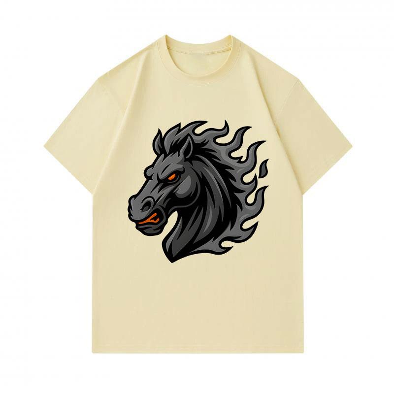 Men's 100% Cotton Crew Neck Short Sleeve T-Shirt, Cool Dark Flame Hell Horse Head Graphic Printed Casual Breathable Summer Tops for Daily Street Wear