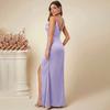 Women's Spaghetti Strap Satin Slit Dress Ruched V Neck Sleeveless