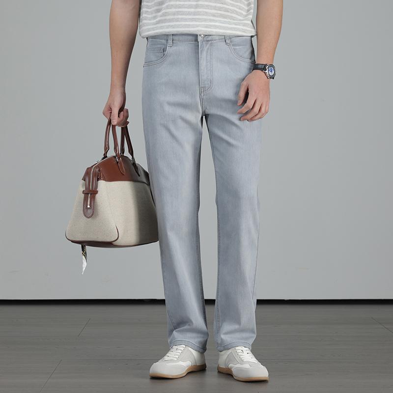 Mulberry silk cotton elastic jeans for men's summer thin design 2026 new youth versatile commuting wear-resistant washed casual pants