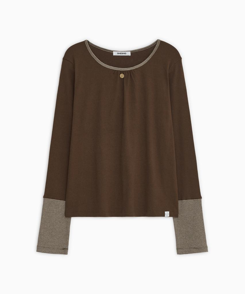OHESHIO Shirring Color Block Long Sleeve, Brown