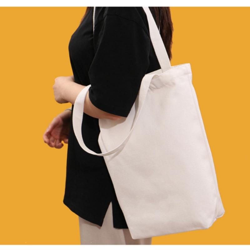 Large Capacity Canvas Shoulder Handbag Folding Eco-Friendly Cotton Tote Bags Reusable DIY Shoulder Bag Grocery Bags Beige Black