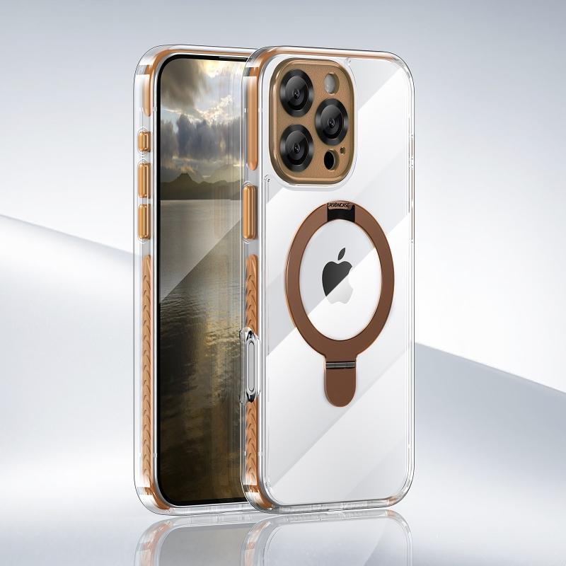 

Bronze Gold Stand Holder phone case for For Iphone 16 15 14 13 12 pro max 15 16 plus Transparent pc Magsafe Magnetic Cover For iPhone 12