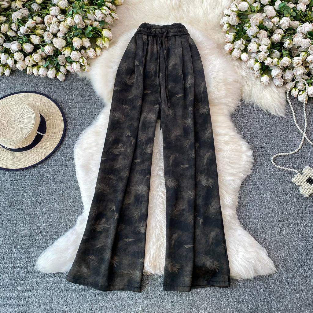 High Quality Ink-wash Acetate Satin Tie-Dye Rayon Wide-Leg Pants for Women Summer High-Waisted Slimming Loose-Fit Trousers