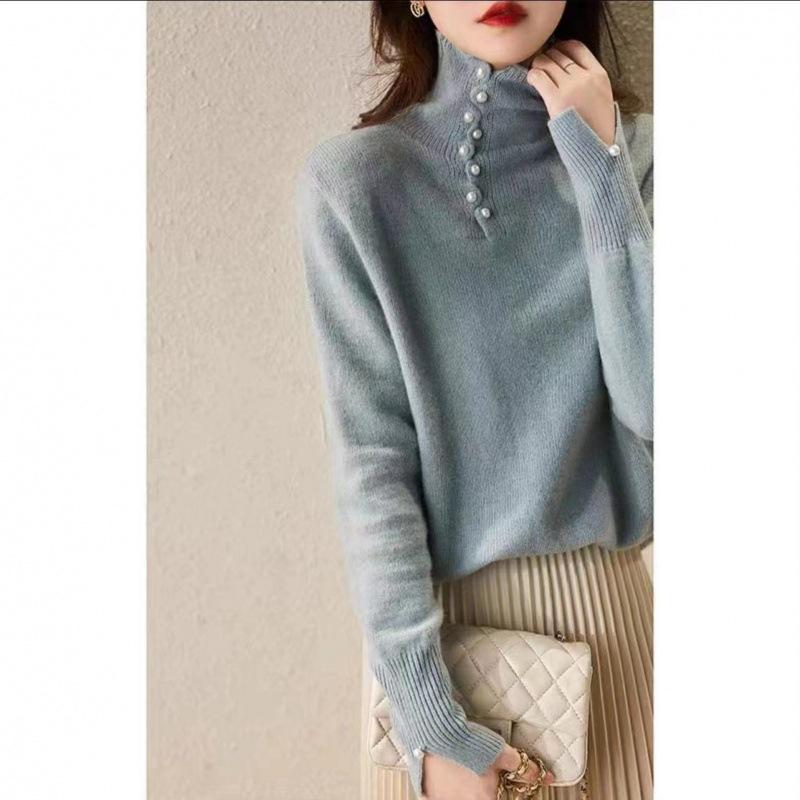 

Свитер женский, осень-зима 2024, новый корейский дизайн, топ на пуговицах, теплый, высокий воротник, удобный свитер в западном стиле для женщин One size синий