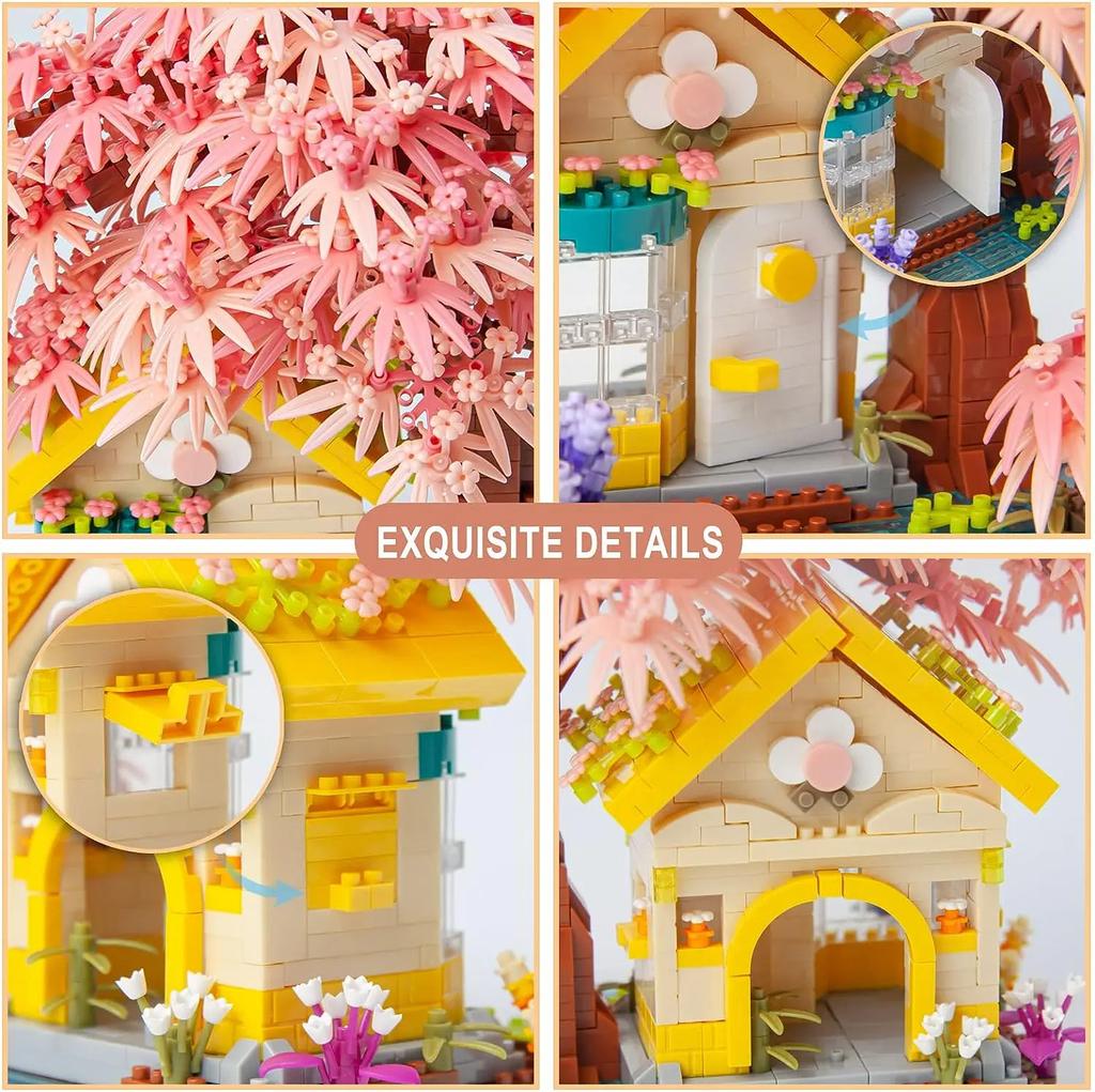 Mini Pink Cherry Blossom Tree House Micro Building Blocks Set 1500pcsModel Decoration Romantic Gift for Her