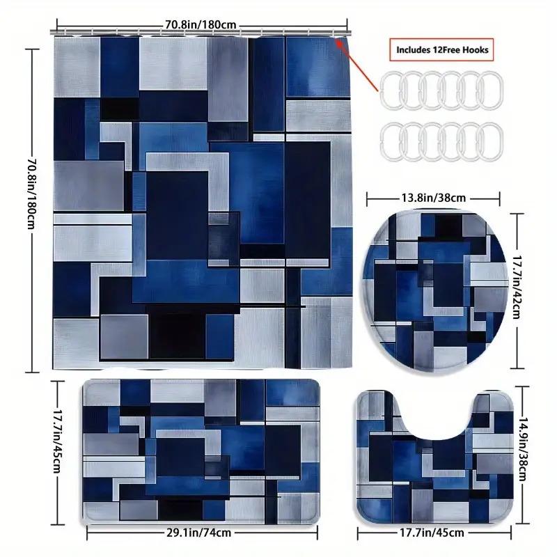 4Pcs No39 Shower Curtain Set with Non-Slip Bath Mat, Toilet Lid Cover, Contour Rug & 12 Hooks, Bathroom Decor