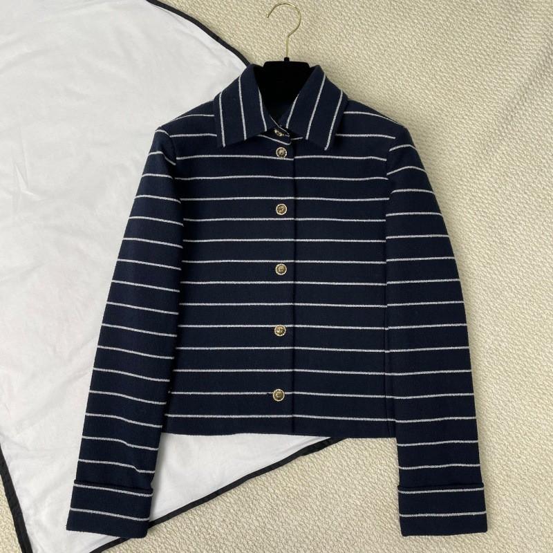 Womens 2026 Short Cropped Blazer With Silk Lining Navy Striped Wool Blend Notched Collar Single-Breasted Button Front