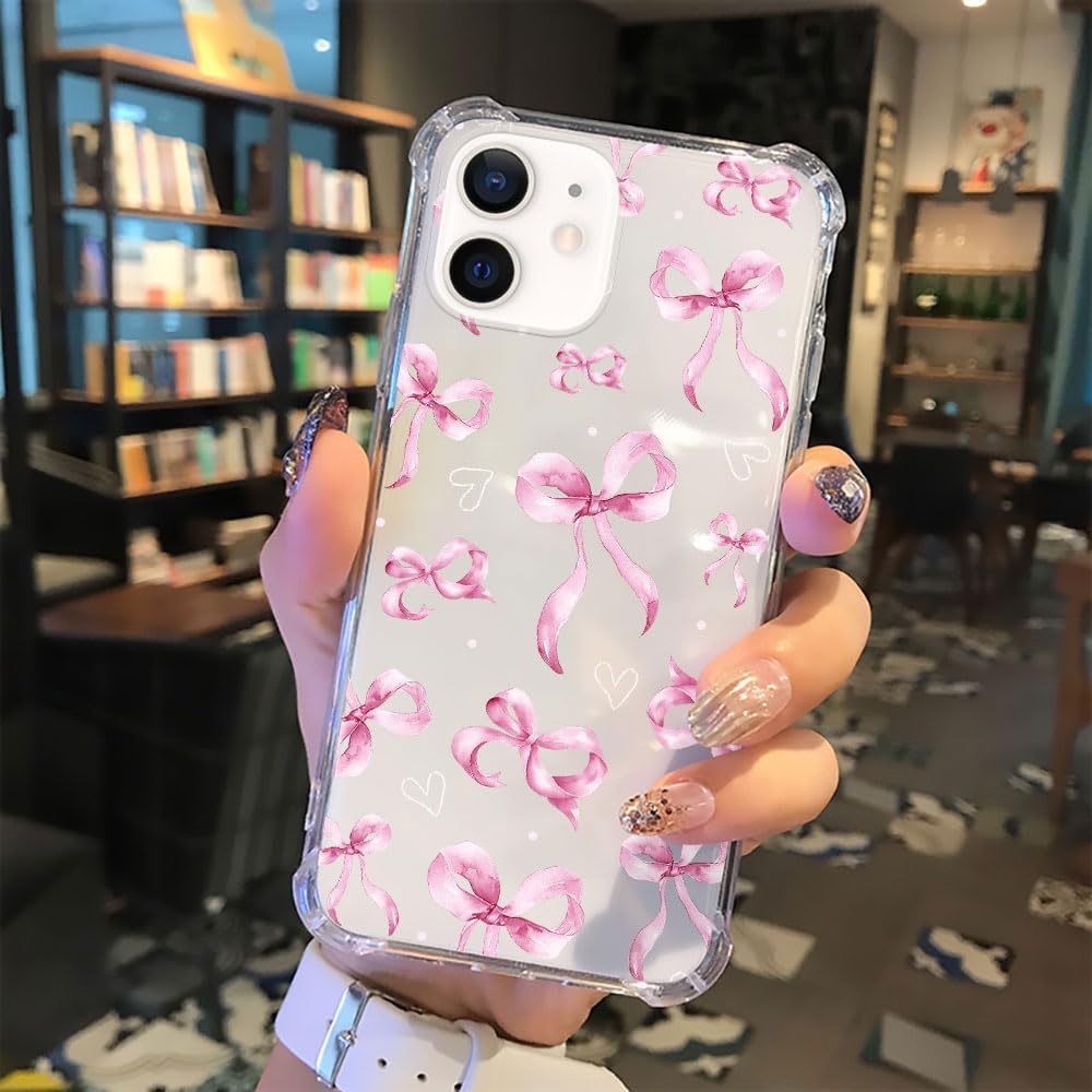 for iPhone 12 Mini Case Clear,TLT Pink Bow Transparent Soft Shockproof Protective Slim Thin Bumper Pattern Design Phone Case