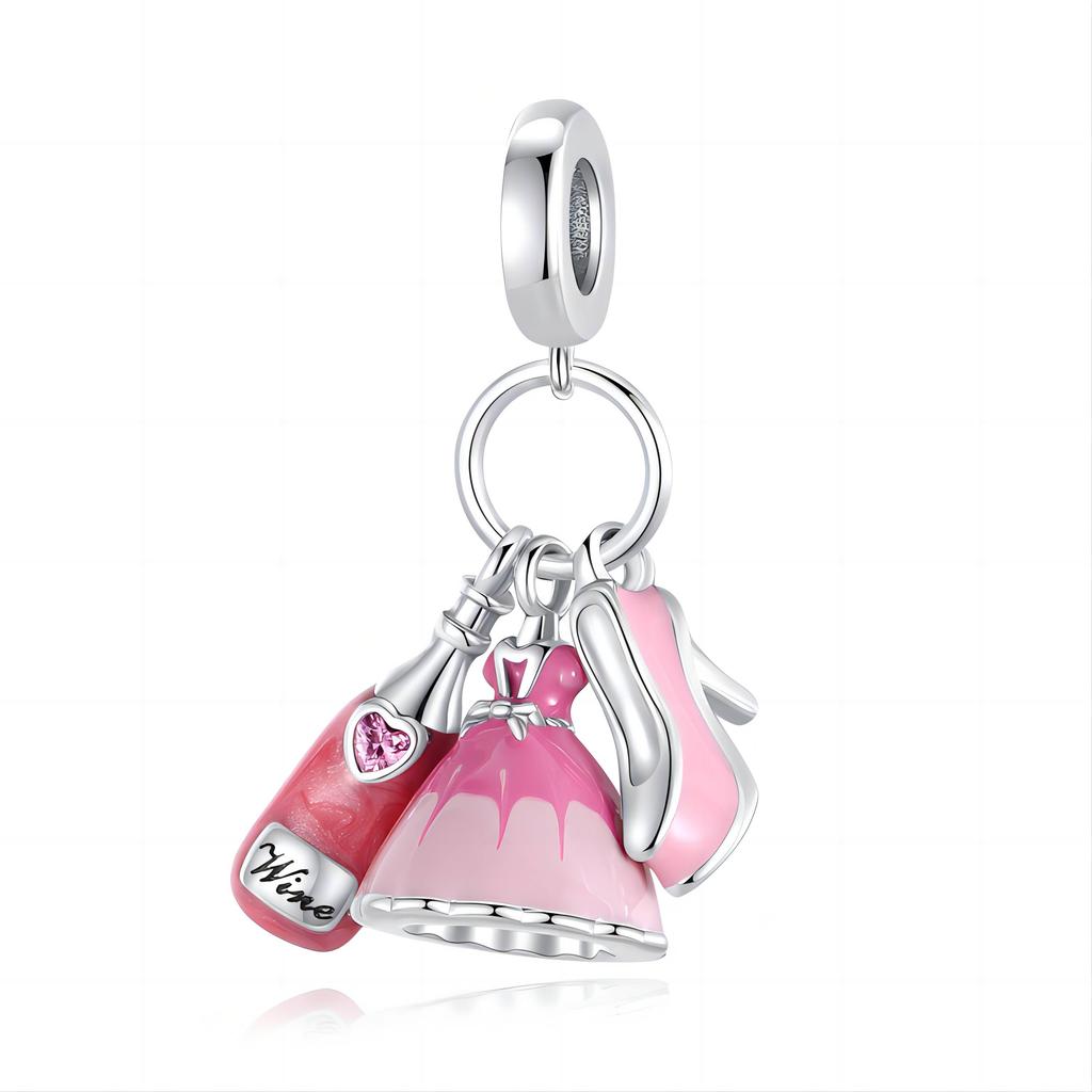 Pink One Copper Princess Dress&Water Cup&Bag&Carousel Dangle Charm Fit Brand Bracelet Girl'S Jewelry