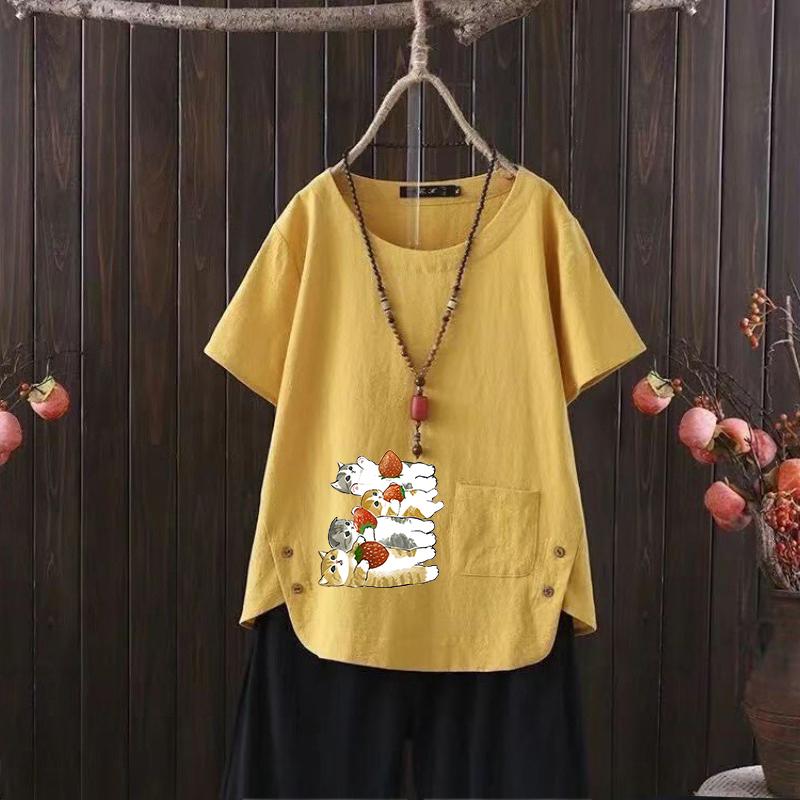 2025 Summer Cat Print V-neck Cotton Hemp Women's T-shirt - Fun & Fashionable