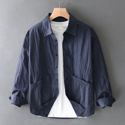Japanese Style Vintage Long Sleeve Men Shirt Spring and Summer Loose Shirt Double Pockets Button Shirt Youth Casual Tops
