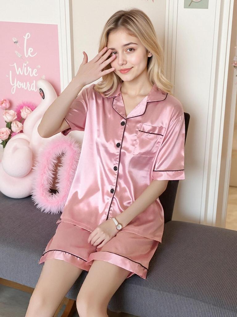 Women's Short Sleeve Faux Silk Ice Silk Pajama Set with Lapel - European Size