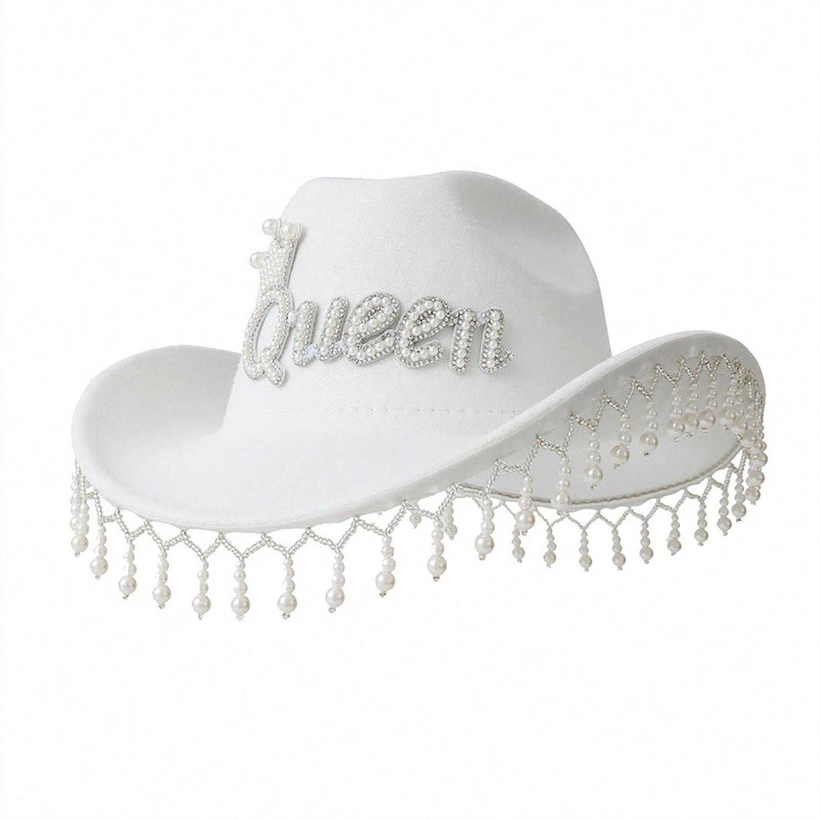 

Sparkly Queen Cowboy Hat Pearls Tassels Panama Hat for Bachelorette Party Cowgirl Hat Versatile for Club Photo Props