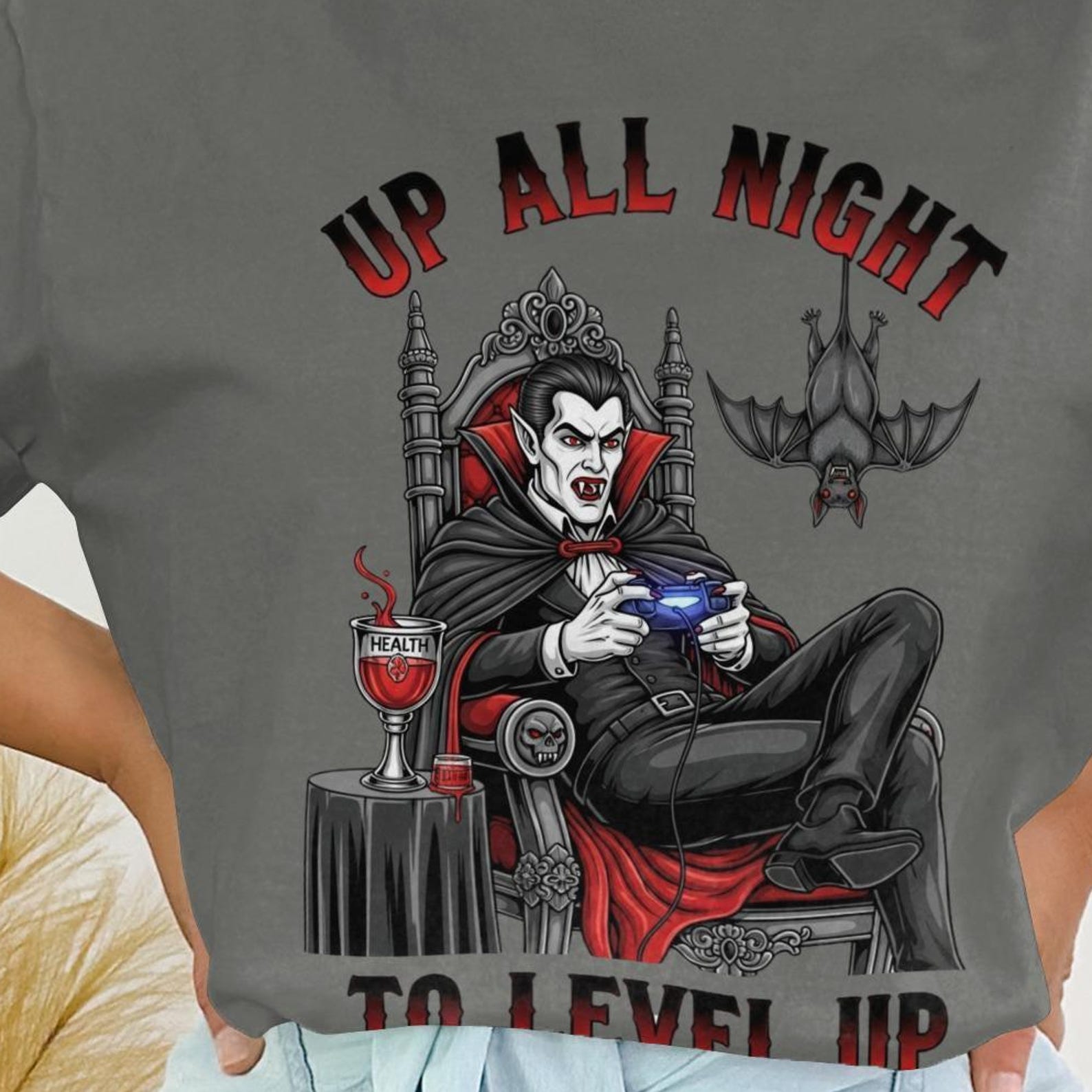 Up All Night Vampire Gamer T-Shirt Level Up, Gamer Gift, Cozy Gamer Shirt, Video Game Shirt, Gamer Girl Gift, Comfort Colors Shirt 2XL