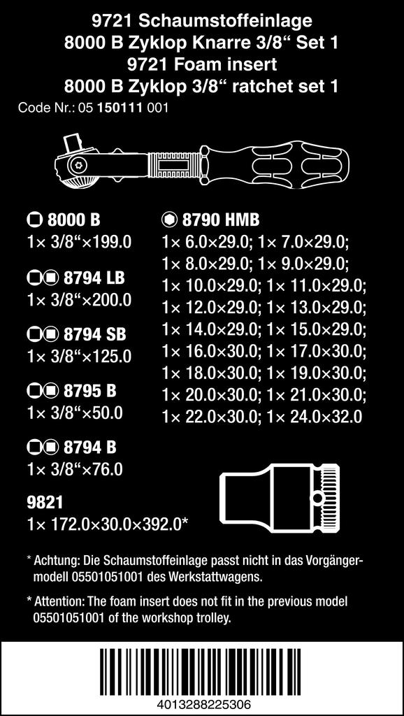 WERA Set med drivspärr Zyklop Speed Hylsinsatsset med skuminlägg 23 delar 3/8" Nyckel, (150111)