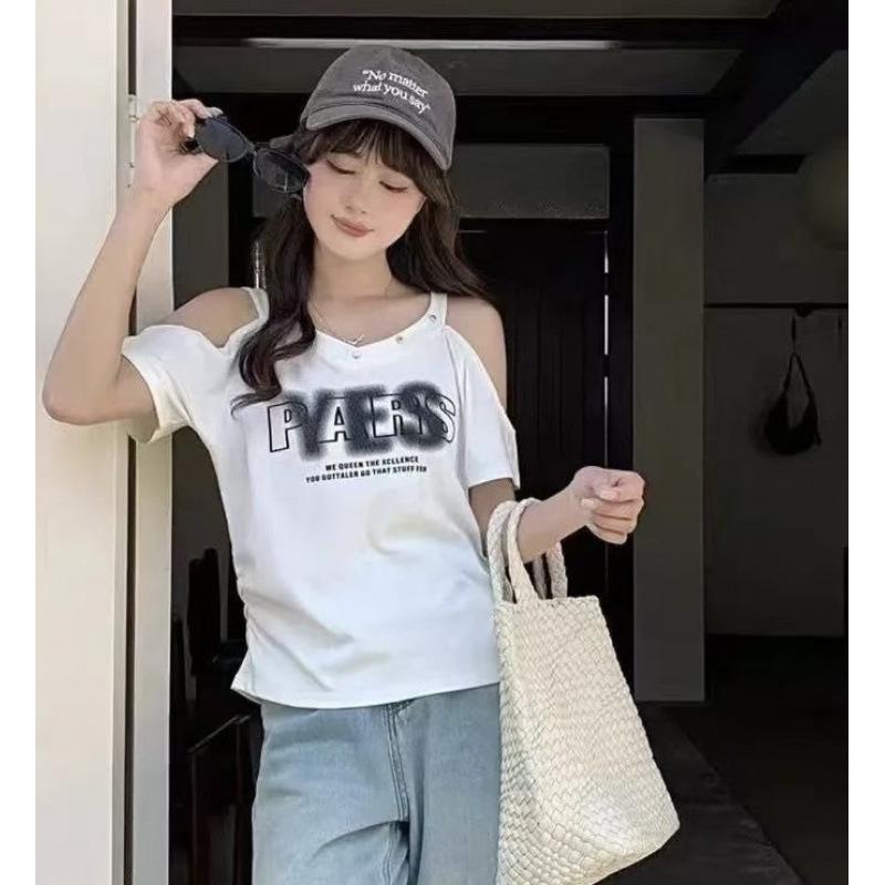 

American Spicy Girl Off-Shoulder Letter Print Slim Fit Summer Top for Women One Size сірий колір