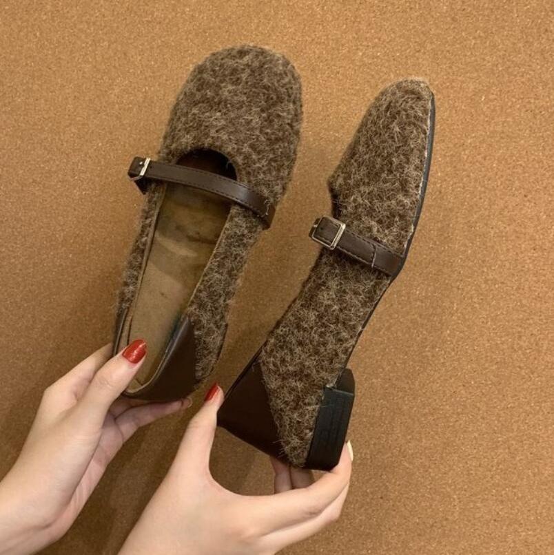 Designer Vintage Women Warm Fur Flats Shoes Fashion Shallow Belt Buckle Spring Autumn Ladies Comfort Loafers Women's Ankle Boots
