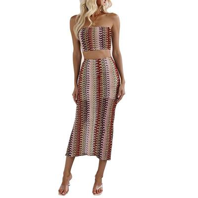 Ensembles de jupes bohèmes pour femmes Broderie Bandeau Top tube Body moulant Jupe midi Tenues estivales tendance élégantes