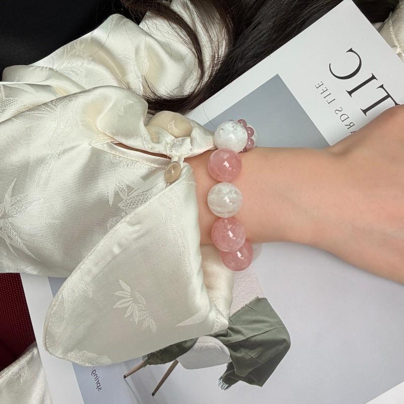 Natural Pink Quartz Bracelet With Snow Phantom Inclusions Handmade Beaded Jewelry Women Sweet Style