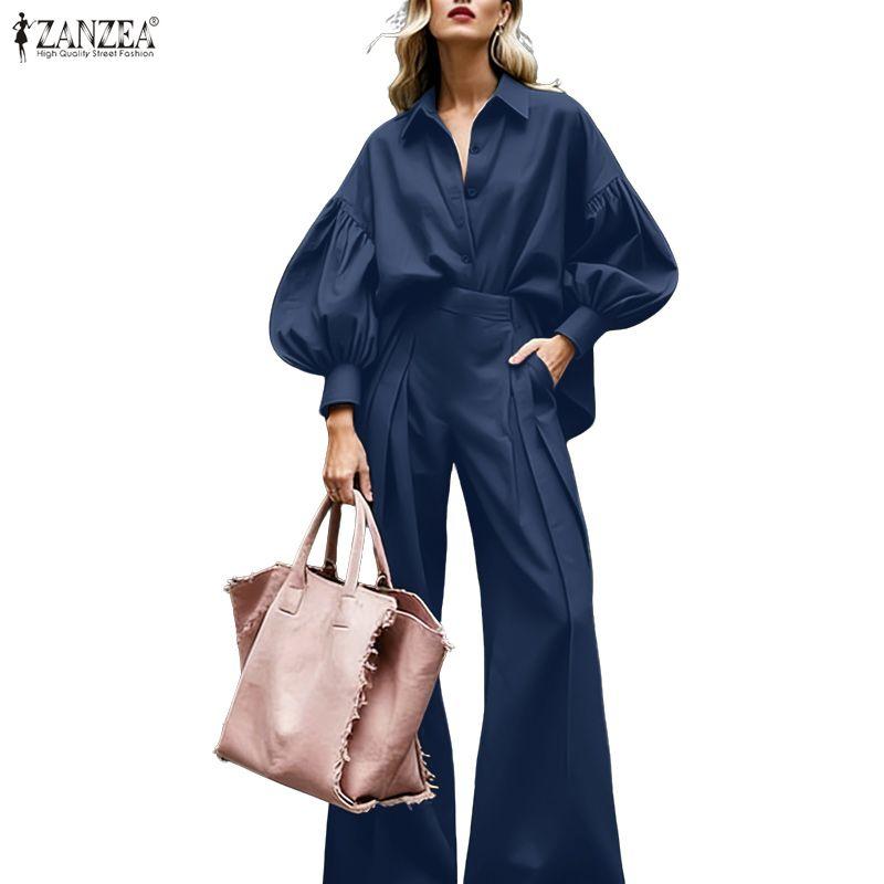 ZANZEA Women Elegant Long Sleeve Blouse and Trousers Casual Two Piece Suit Sets