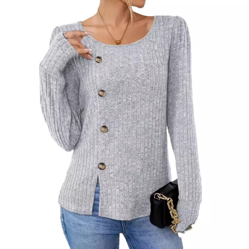 Autumn and Winter Solid Color Round Neck Button Top Long Sleeve Loose Women's T-shirts
