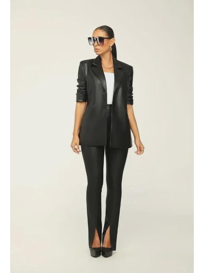 RC3090 Women's V-Neck Leather Split-Leg Pants Suit - European & American Style