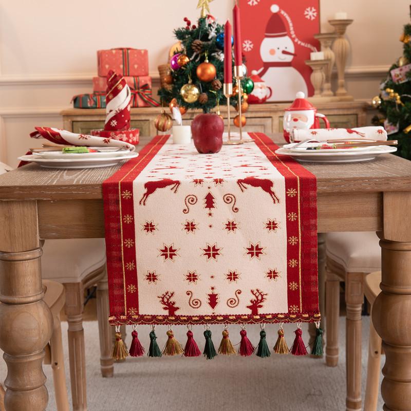 Amazon Christmas Day Decoration Tassel Table Tablecloth Yarn Jacquard Red Elk Christmas Tree Table Flag