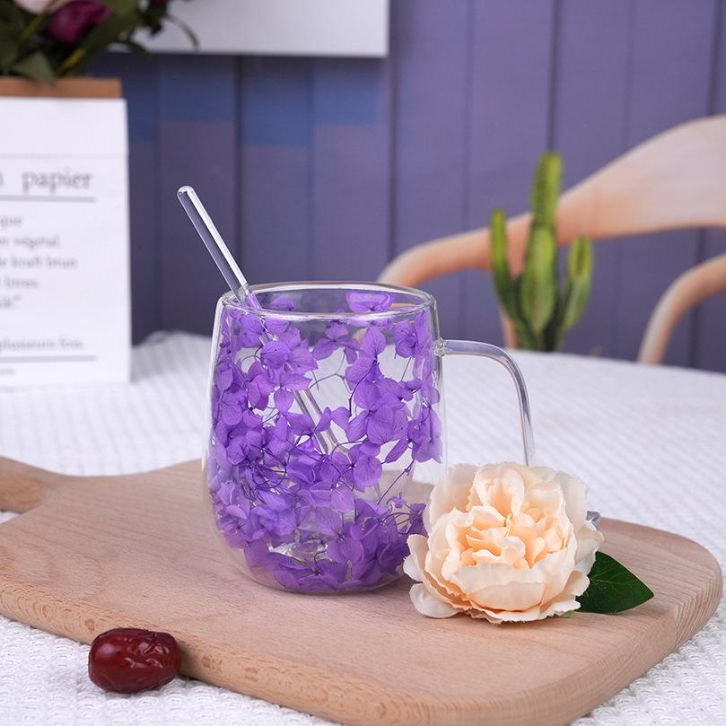 Luxury Double-Layer Glass Cup with Real Flowers and Quicksand Design