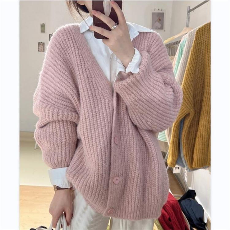 Women Casual V-neck Long Sleeve Knit Sweater Cardigan Soft Comfortable Loose Breathable Lazy Fashion Solid Simple Top Coat