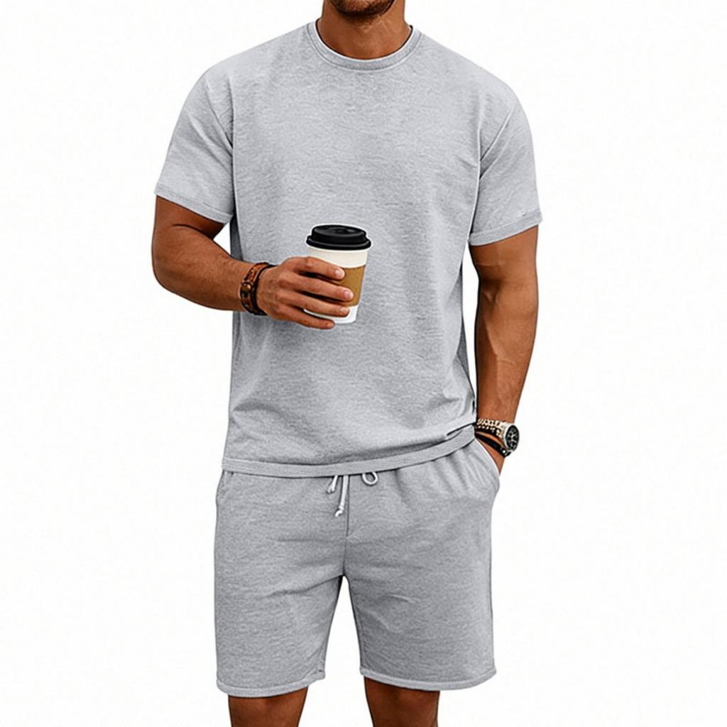 Men's Color Sports Casual Round Neck Short Sleeve Shorts Set