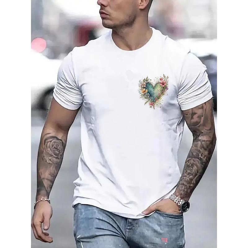 

Fashionable, Elegant, and Minimalist Printed Men s Short-sleeve T-shirt - Featuring Heart-shaped Floral Patterns in Vibrant Colors, Exuding a Romantic S