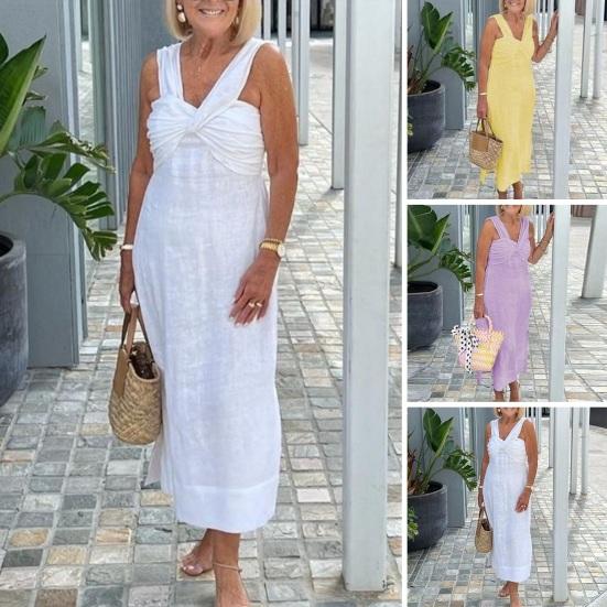 

Женское макси-платье однотонное с V-образным вырезом без рукавов плиссированное платье без спины Свободное платье для вечеринок больших размеров Женская одежда