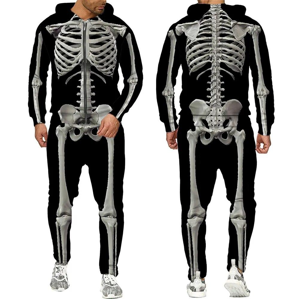 Halloweeen Cosplay Scheletro Splanchna 3D All Over Print Tute con cerniera Felpa con cappuccio da uomo Pantaloni 2 pezzi Set Abiti streetwear