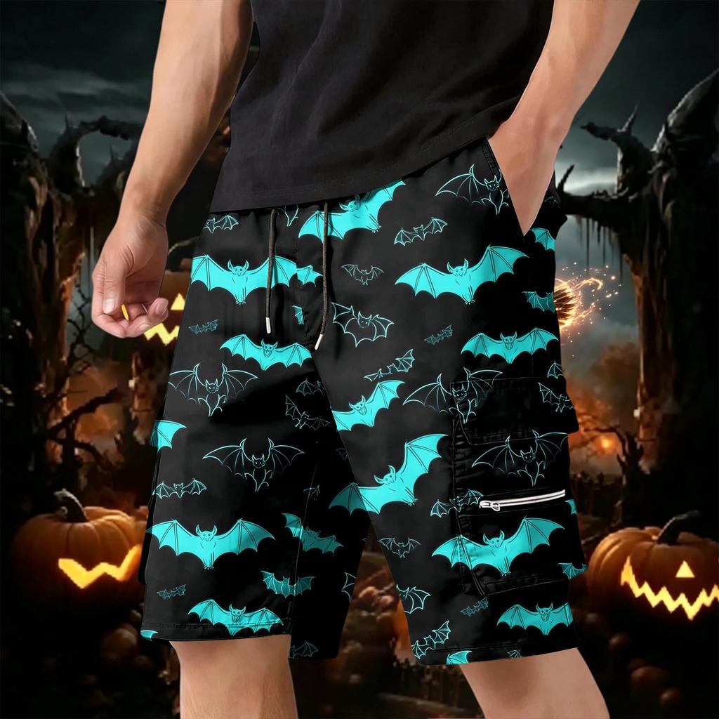 Men's Halloween Cargo Shorts Multi Pocket Drawstring Waist Casual Workwear Shorts with Zippered and Flap Pockets for Outdoor Activities