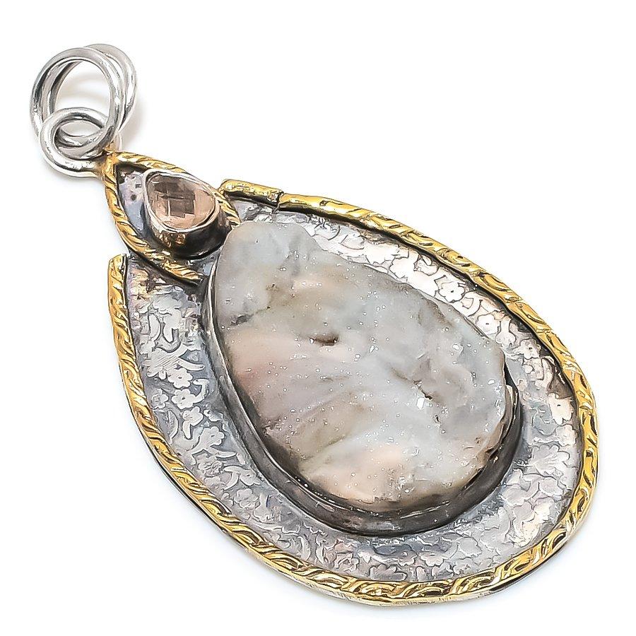 

Natural Desert Druzy, Morganite 925 Sterling Silver Two Tone Pendant 2.72 v0D33