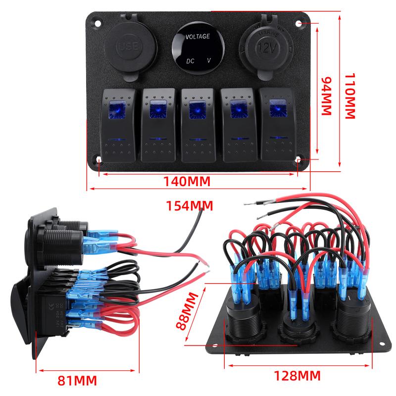 5 sets of rocker switch panels, 12-24V, with dual USB socket 4.2A+voltmeter LED light and cigarette lighter.