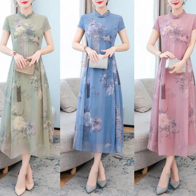 Women Cheongsam Dress Short Sleeves Stand Collar Long Skirt Chinese Style High Waist A-line Skirt