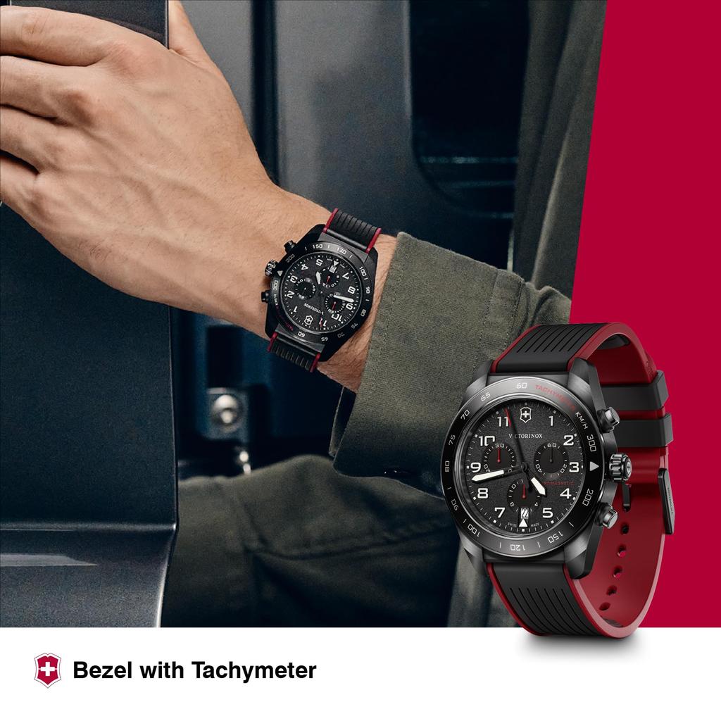 Victorinox SWISS ARMY Chronograph Analog Quartz Black Red Rubber Stainless Steel Case Interchangeable Brand Gift Water-Resistant Men's Watch, Dial,