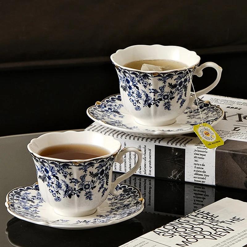 Ceramic Coffee Cup English style blue and white porcelain coffee cup with dish set Ceramic retro European afternoon tea mug
