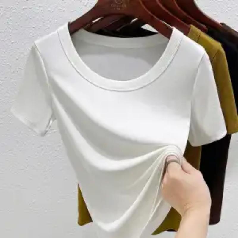Womens Solid Color U-Neck Short Sleeve Fitted T-Shirt